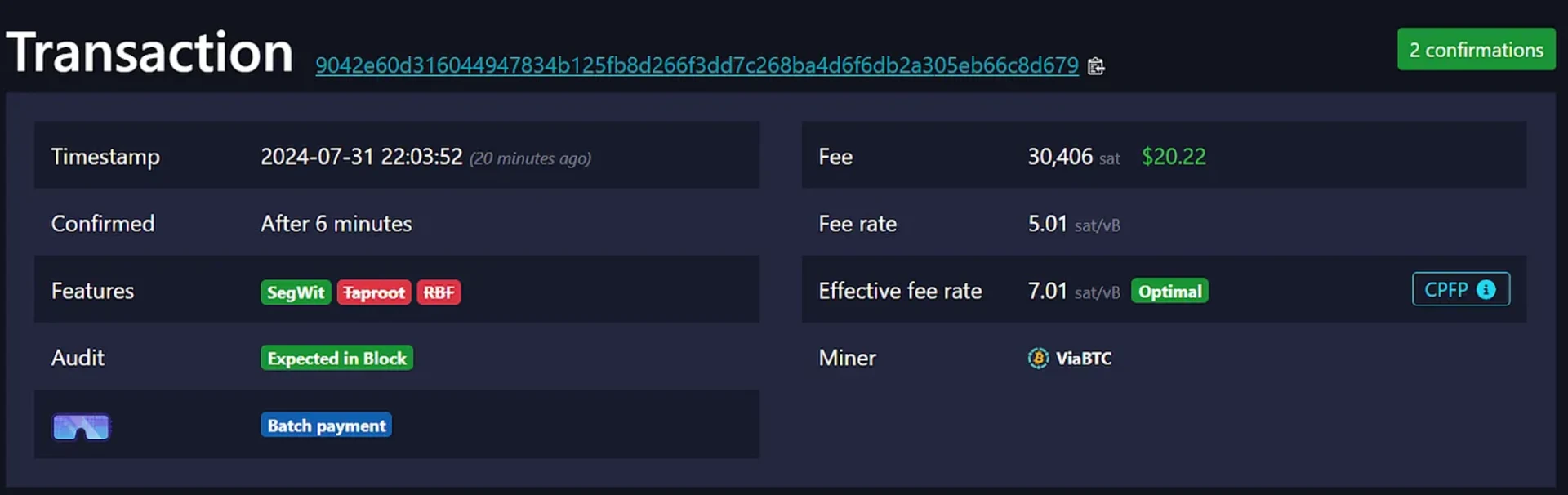 The transaction used CPFP to let the parent transaction with low fee rate (7.01 sat/VB) confirmed, Source: mempool.space
