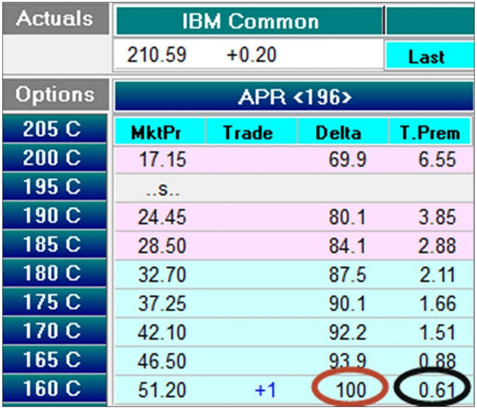 图2.4 IBM深度实值看涨期权与其值为100的Delta