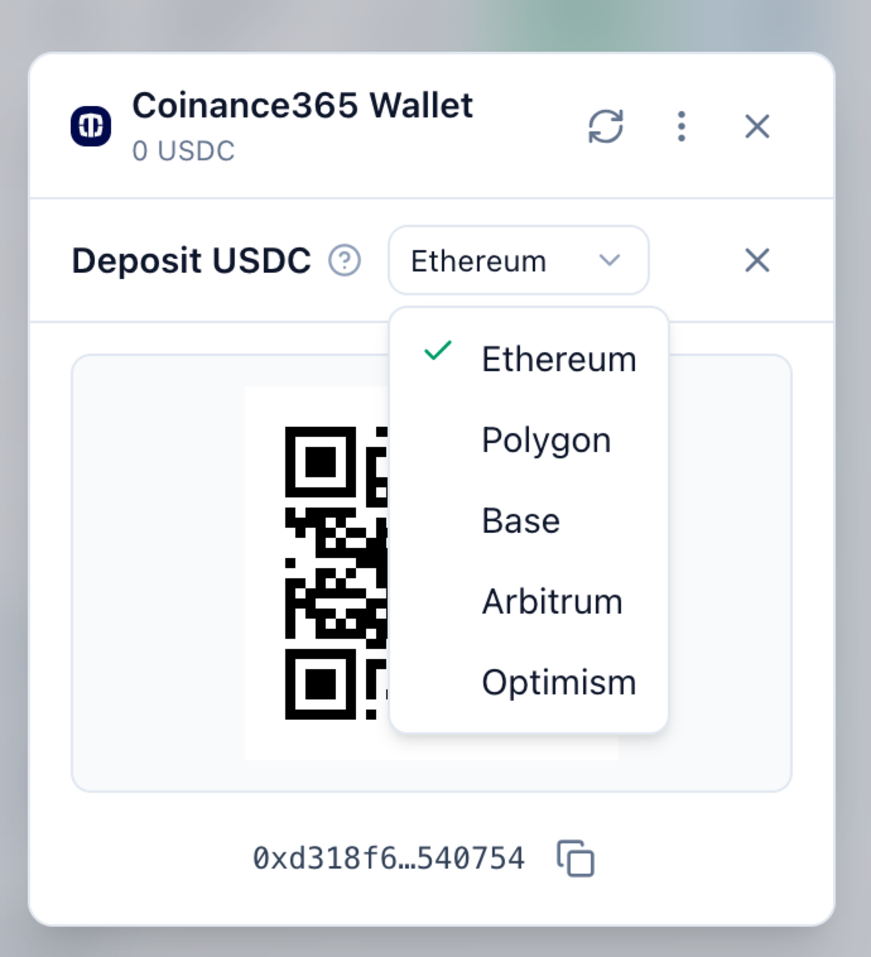 Coinance365 钱包充值窗口